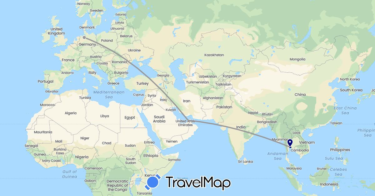 TravelMap itinerary: driving, plane in United Arab Emirates, Germany, Thailand (Asia, Europe)